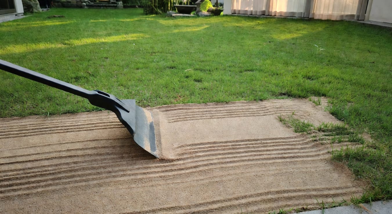 台灣戶外草坪使用橡膠刮平器均勻分散覆沙材料,工具清晰,無人物背景。