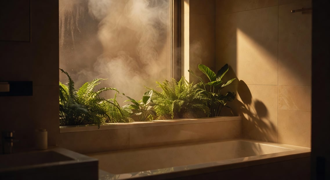 南天竹特寫：深紅果實垂掛細枝，背景虛化暗綠庭院，冬季清晨薄霜，低角度側光呈半透明質感。