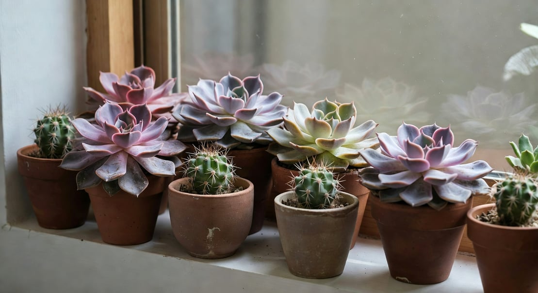 窗台陽光下的一排石蓮和仙人掌,葉片略皺縮乾燥狀態,台灣家居明亮氛圍