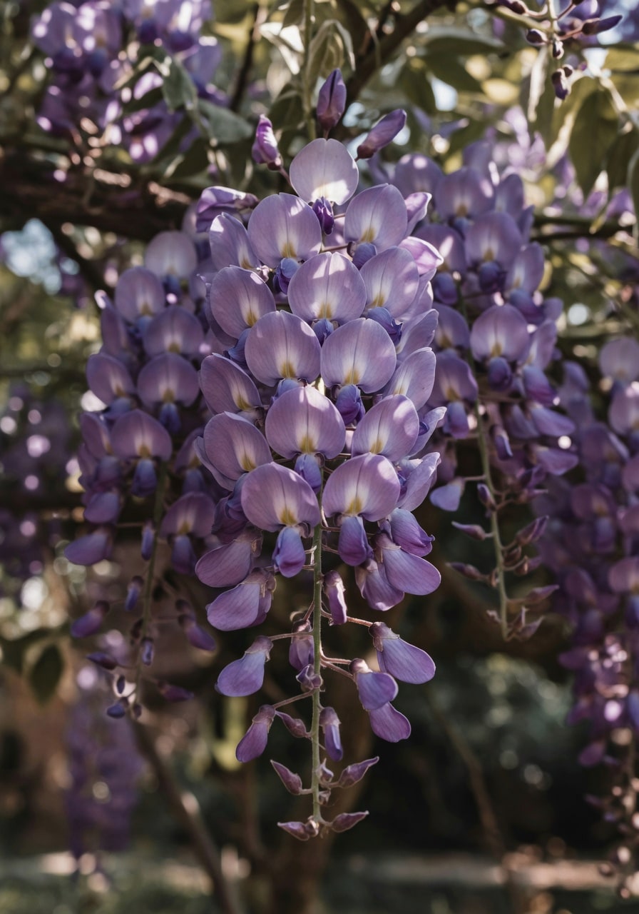 紫藤花序特寫,纖長紫色花穗緊密排列,頂端白色花心開放,光暈柔和