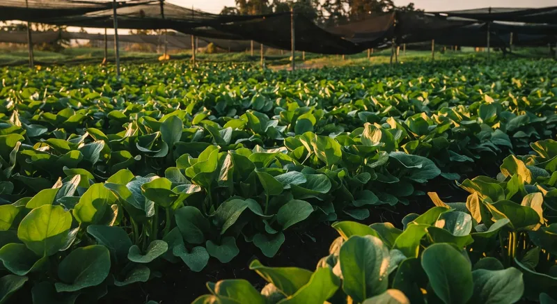 茂密空心菜田翠綠葉片層疊遠處黑色遮陰網