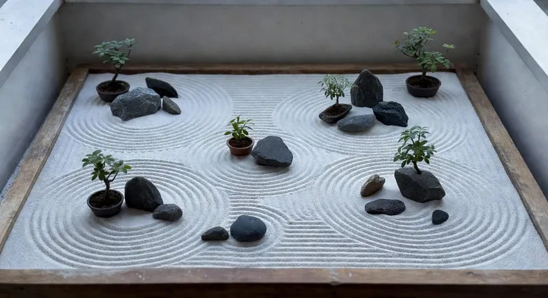 小陽台上迷你枯山水布景，白砂石頭與盆栽的精妙佈局（15字）