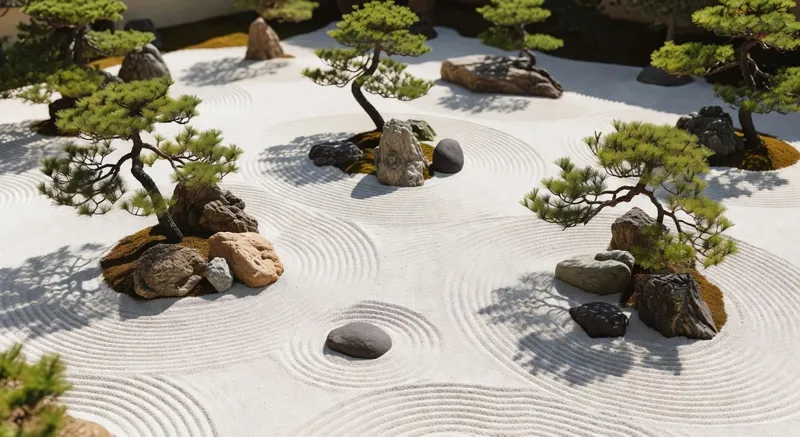 俯視傳統日式枯山水庭園，白砂石頭與松樹的完美配置（15字）